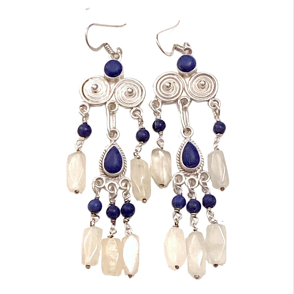 Sterling silver Boho Lapis Stone Earrings Statement